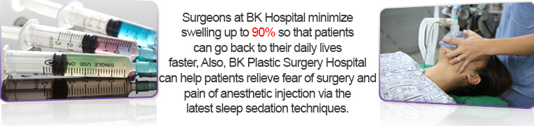 Surgeons at BK Hospital minimize swelling up to 90% so that patients can go back to their daily lives faster,. Also, BK Plastic Surgery Hospital can help patients relieve fear of surgery and pain of anesthetic injection via the latest sleep sedation techniques.