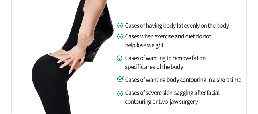 Cases of having body fat evenly on the body / Cases when exercise and diet do not help lose weight / Cases of wanting to remove fat on specific area of the body / Cases of wanting body contouring in a short time / Cases of severe skin-sagging after facial contouring or two-jaw surgery