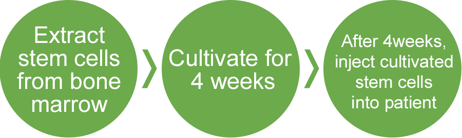 Extract stem cells from bone marrow > Cultivate for 4 weeks > After 4 weeks, inject cultivated stem cells into patient.